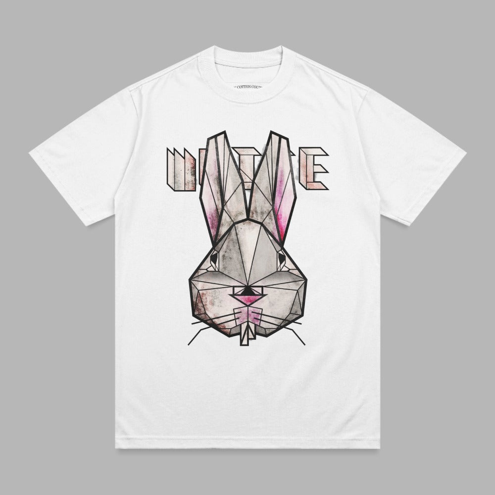 White t-shirt with geometric rabbit head and "UNITE" text.