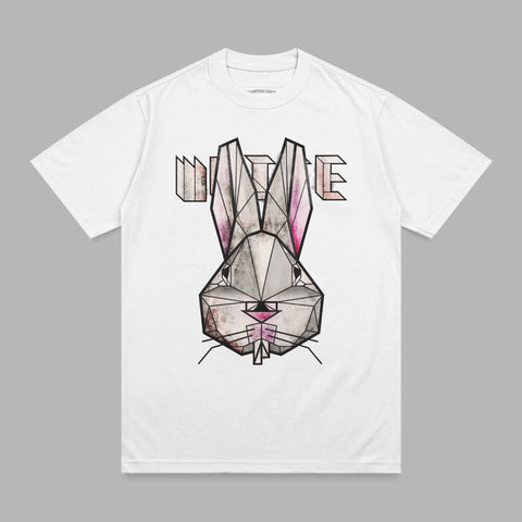 White t-shirt with geometric rabbit head and "UNITE" text.