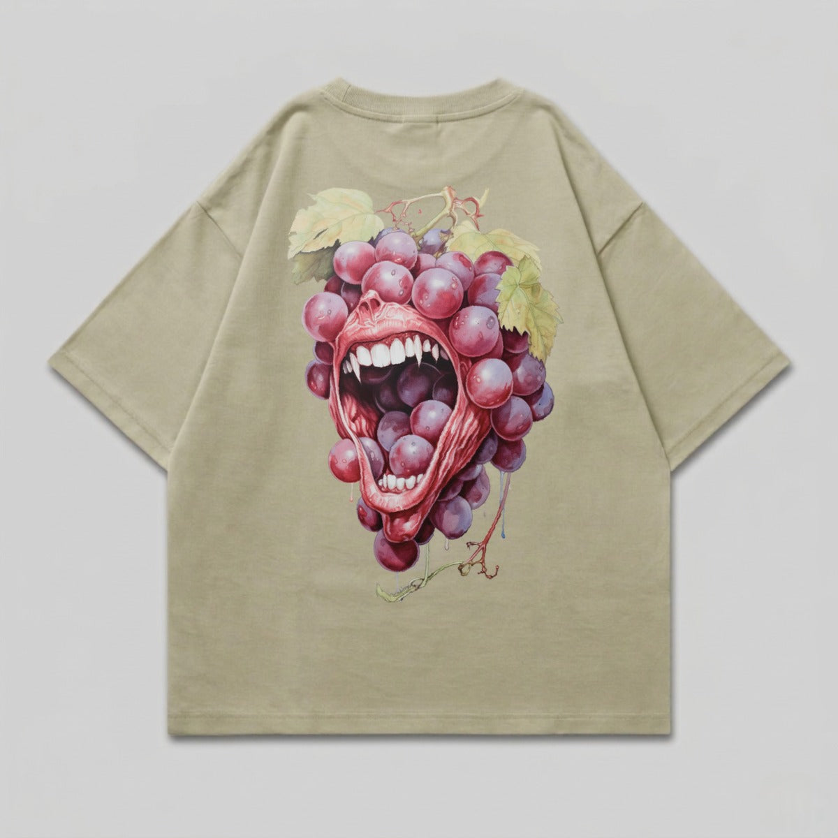 T-shirt with a surreal, screaming cluster of grapes design.