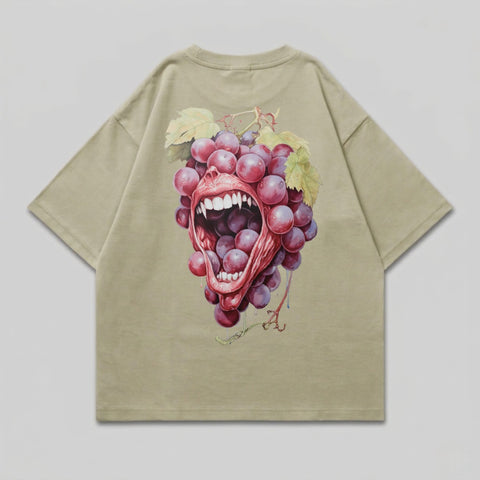T-shirt with a surreal, screaming cluster of grapes design.