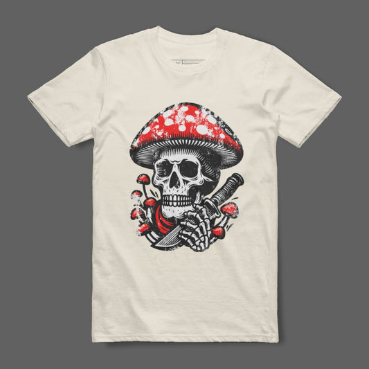 Skull Holding Knife with Red Mushroom Design Shirt