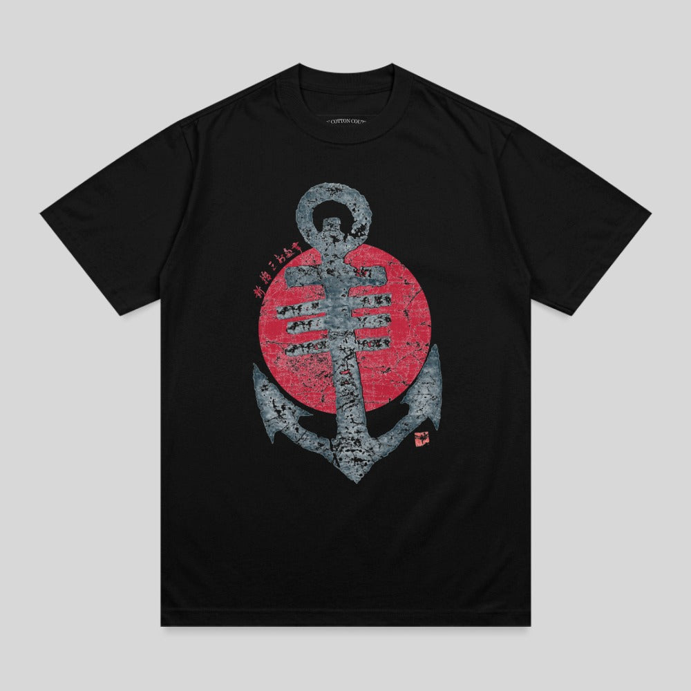 Black t-shirt with distressed anchor graphic and red sun.