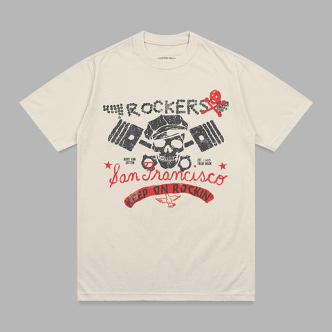 Cream t-shirt with "ROCKERS San Francisco KEEP ON ROCKIN'" graphic and skull.