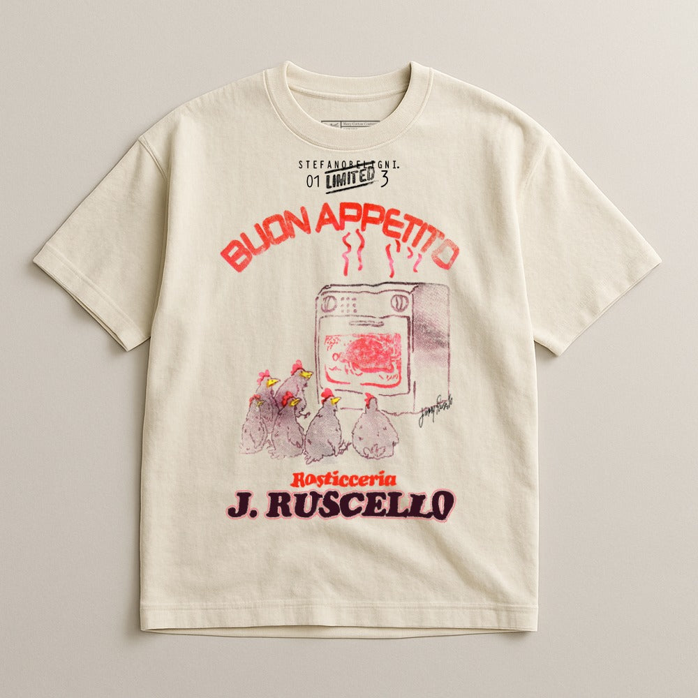 Cream t-shirt with "Buon Appetito" and a drawing of chickens near a rotisserie oven.