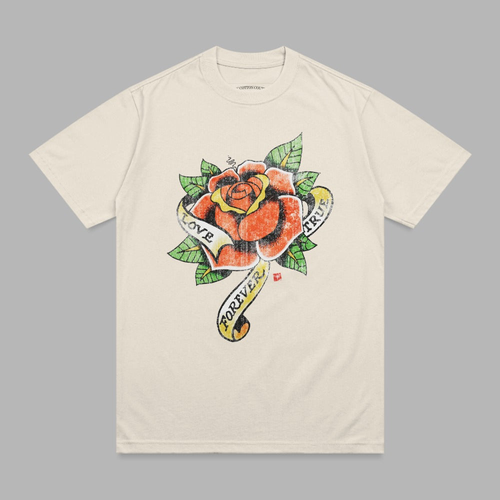 Cream t-shirt with red rose and ribbon, "Love Forever True" text.