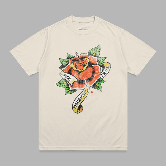 Cream t-shirt with red rose and ribbon, "Love Forever True" text.