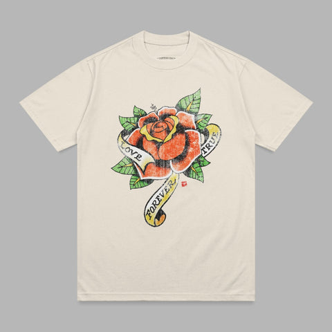 Cream t-shirt with red rose and ribbon, "Love Forever True" text.