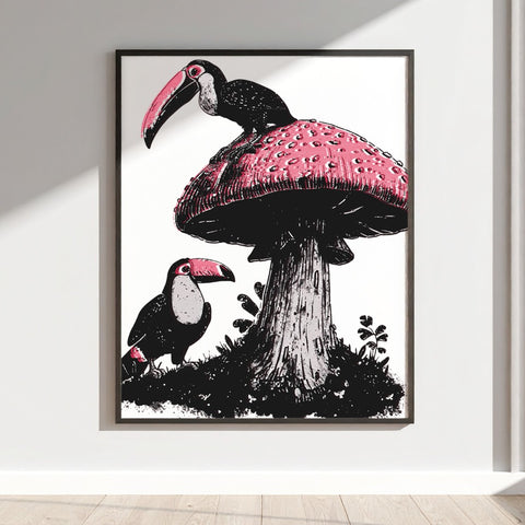 Toucan and Mushrooms Art Print in Black and Pink Drawing