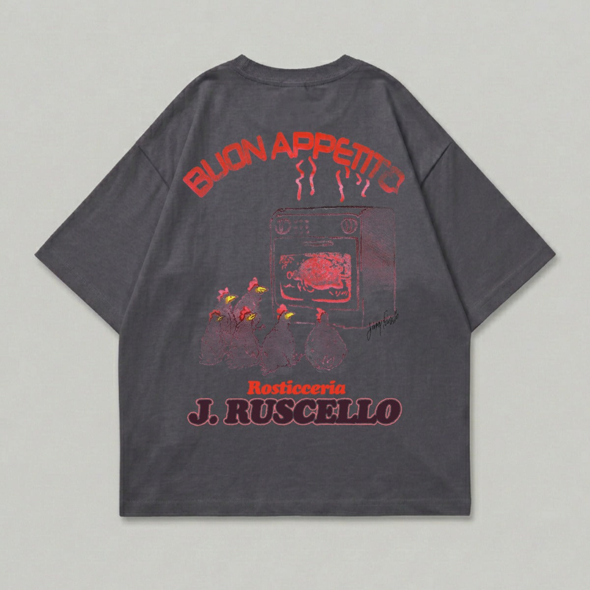 Dark t-shirt with red graphic of chickens and oven, "Buon Appetito" and "J. Ruscello".