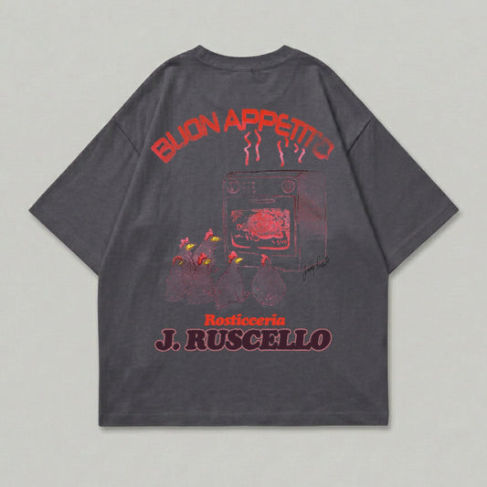 Dark t-shirt with red graphic of chickens and oven, "Buon Appetito" and "J. Ruscello".