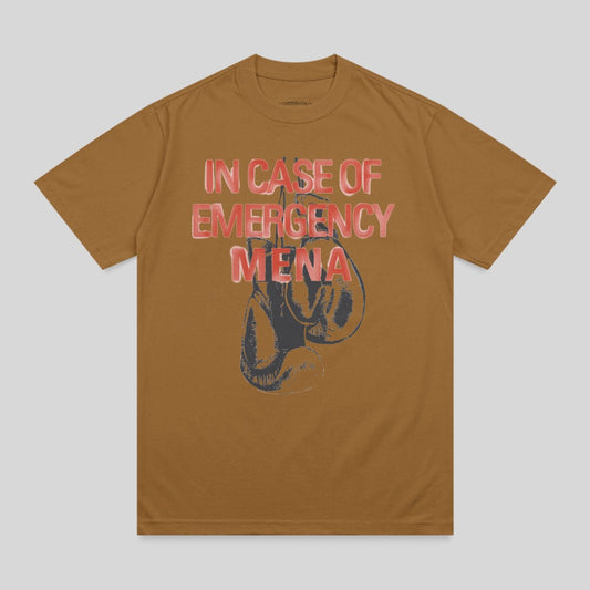 Brown t-shirt with red "IN CASE OF EMERGENCY MENA" text and boxing glove graphic.