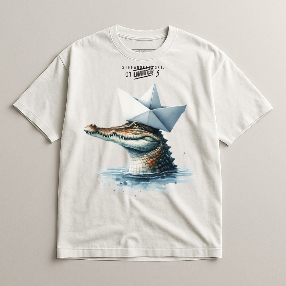 Crocodile with Paper Boat Graphic Artwork Shirt