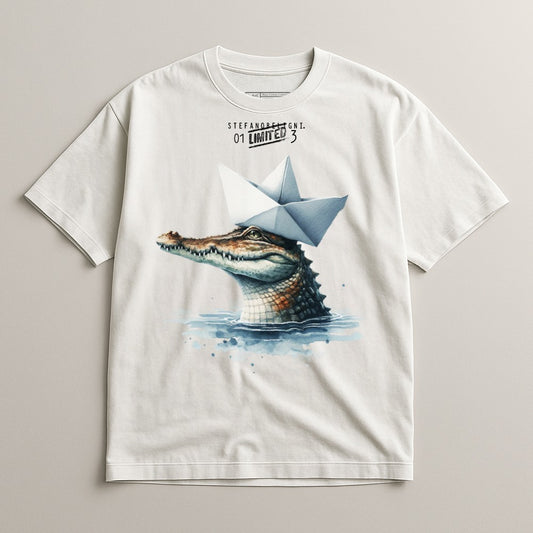 Crocodile with Paper Boat Graphic Artwork Shirt