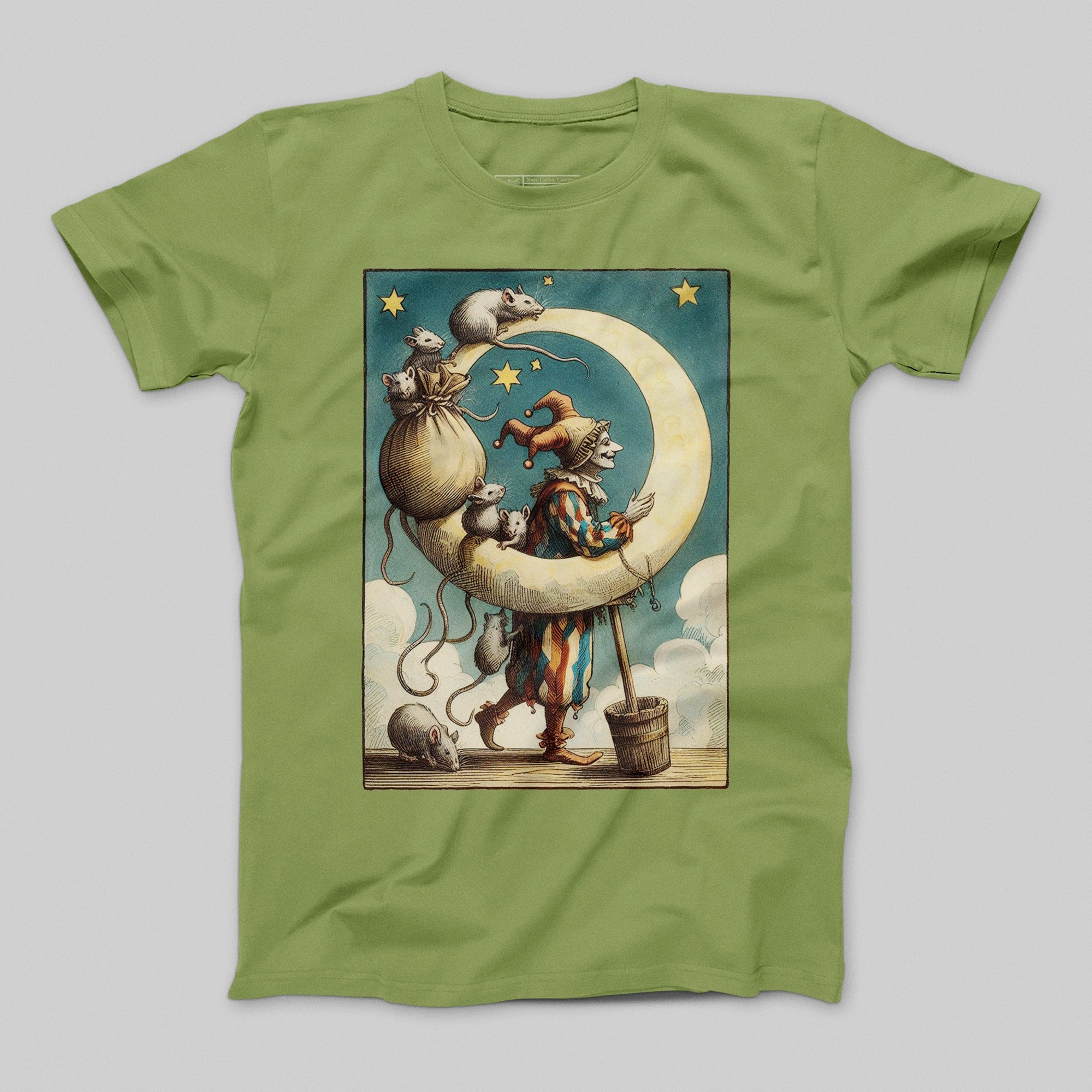 Whimsical Jester Walking on Crescent Moon T-Shirt