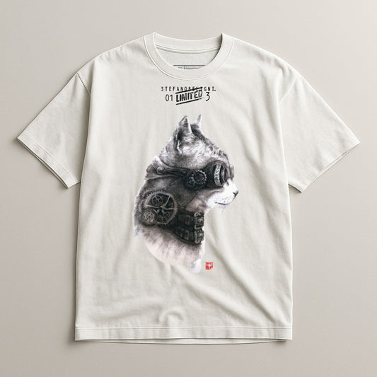 T-shirt with a steampunk cat illustration and text "STEFANO BENIGNI 01 LIMITED 3".