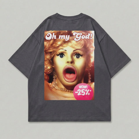 Dark grey t-shirt with a woman's surprised face and "Oh my God!" text.
