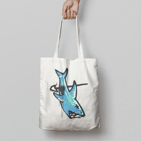 Hand-Drawn Blue Shark Graphic Tote Bag Product