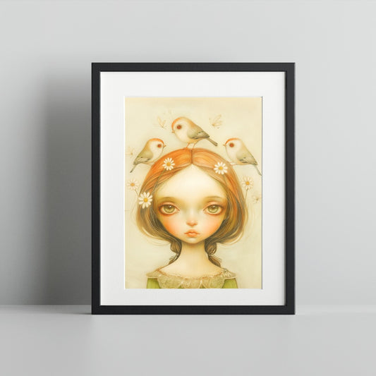 Enchanting Girl with Birds and Daisies Art Print