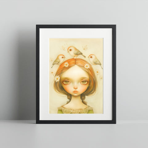 Enchanting Girl with Birds and Daisies Art Print