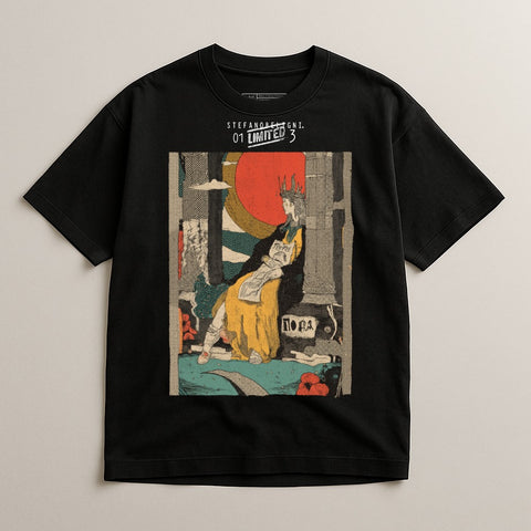 Black t-shirt with "STEFANO OGNI 01 LIMITED 3" and artwork of a crowned woman.