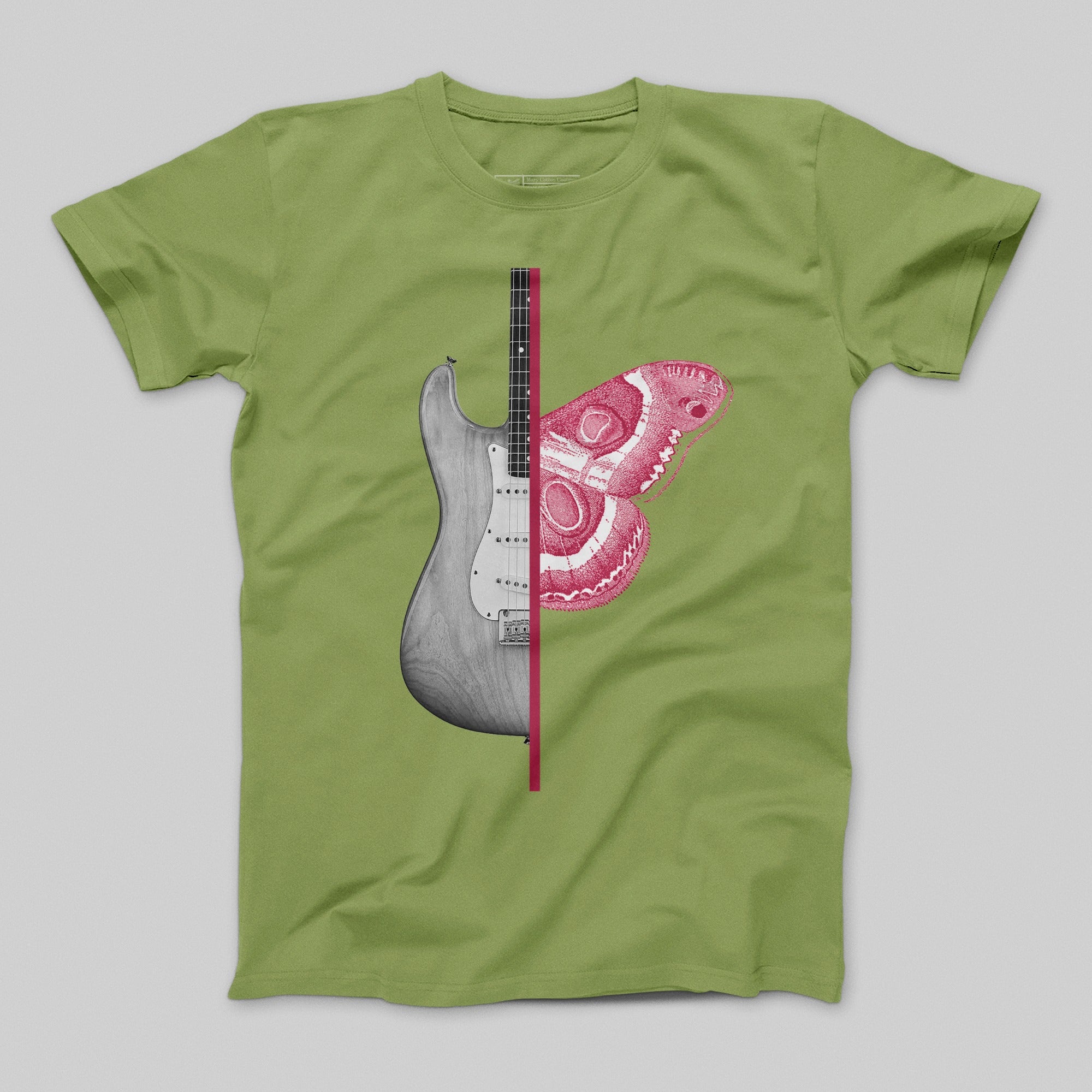 Unique Guitar and Butterfly Design on Green T-Shirt