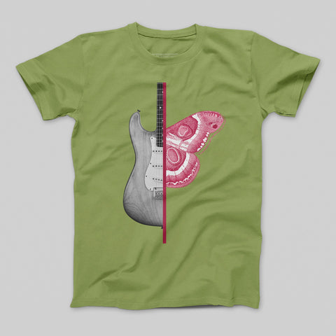 Unique Guitar and Butterfly Design on Green T-Shirt