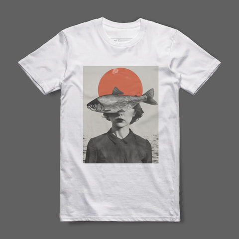 Surreal Abstract Woman with Fish and Red Sun T-shirt