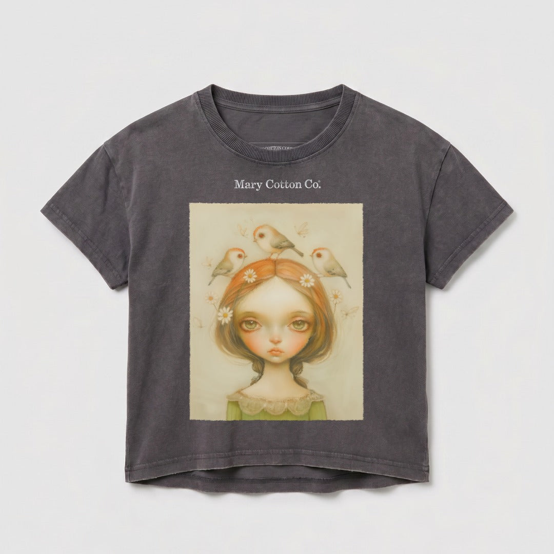 Dark gray t-shirt with a painting of a girl with birds on her head.