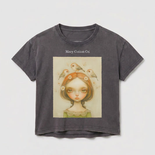 Dark gray t-shirt with a painting of a girl with birds on her head.