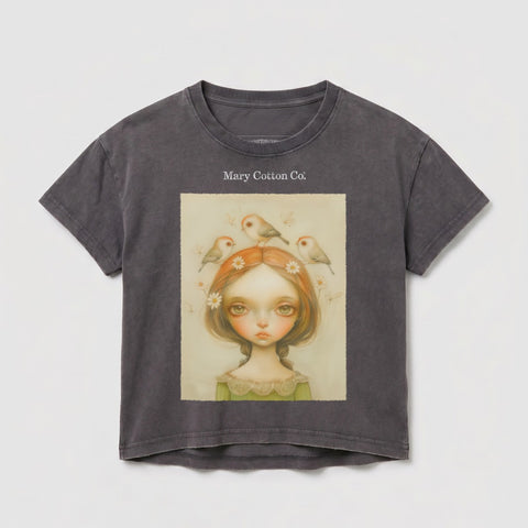 Dark gray t-shirt with a painting of a girl with birds on her head.