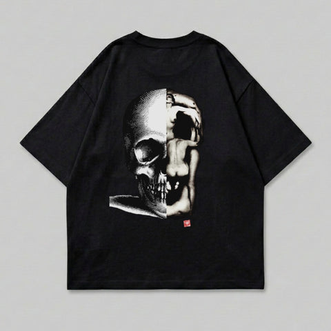 Black t-shirt with split skull and human figure graphic.