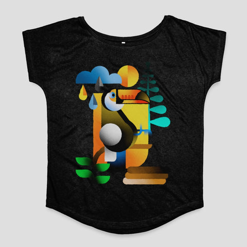 Colorful Geometric Toucan Illustration on Black T-shirt