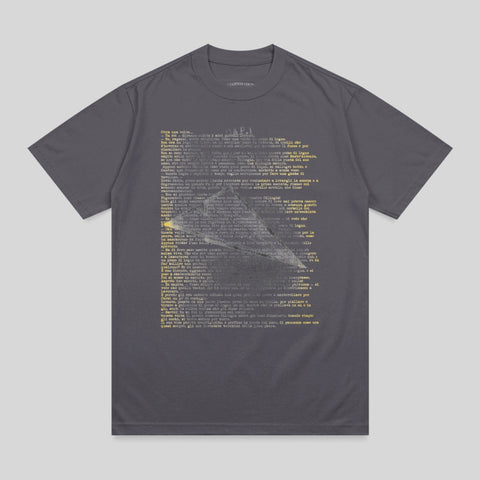 T-shirt with block of text in dark gray on dark gray fabric.