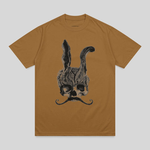 Brown t-shirt with a smoky skull wearing a mustache and bunny ears.