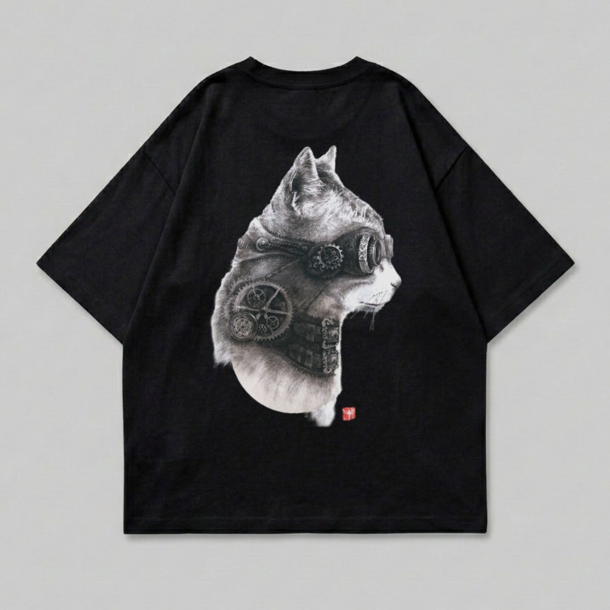 Black t-shirt featuring a detailed illustration of a steampunk cat head with gears.