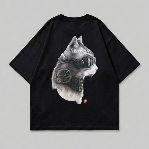 Black t-shirt featuring a detailed illustration of a steampunk cat head with gears.