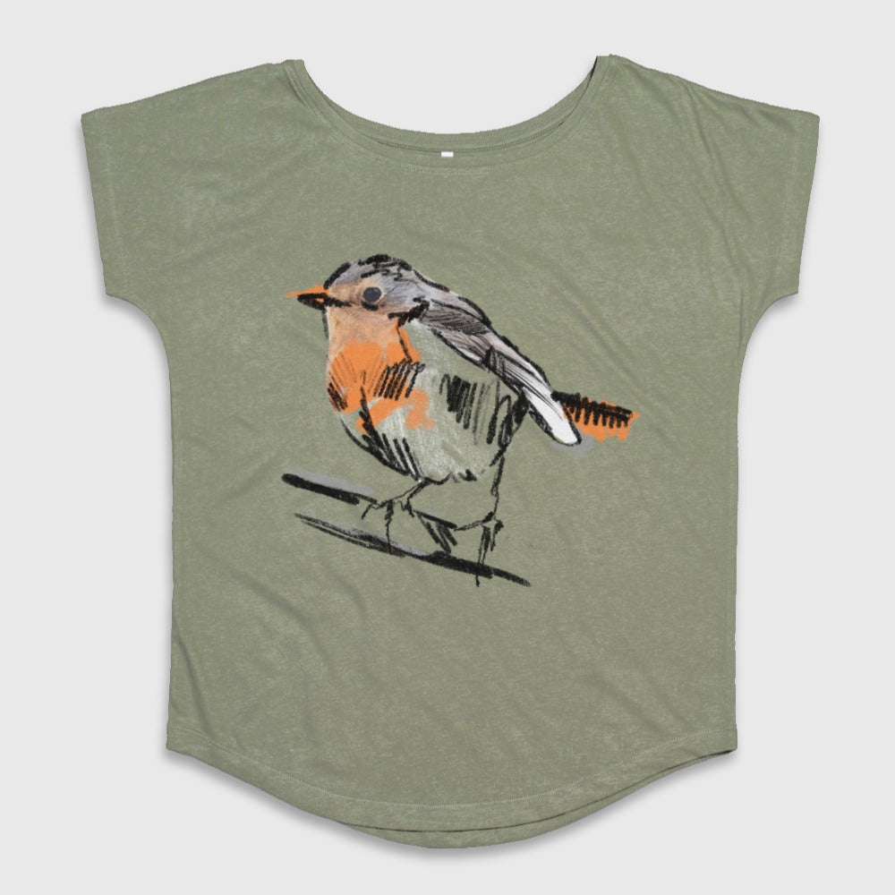 Cute Bird Illustration on Olive Green T-shirt