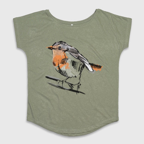 Cute Bird Illustration on Olive Green T-shirt