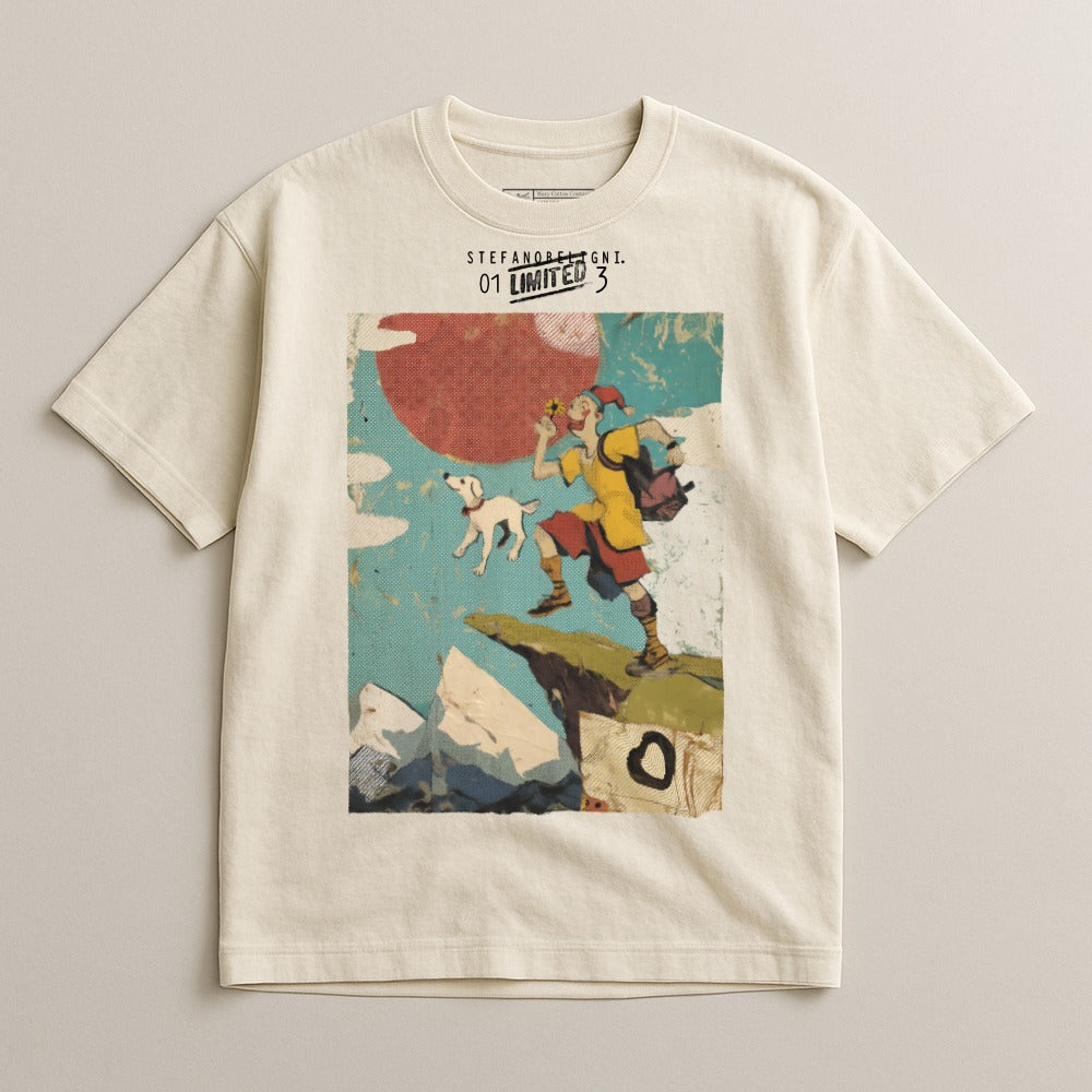 Cream t-shirt with graphic of a person and dog on a cliff.