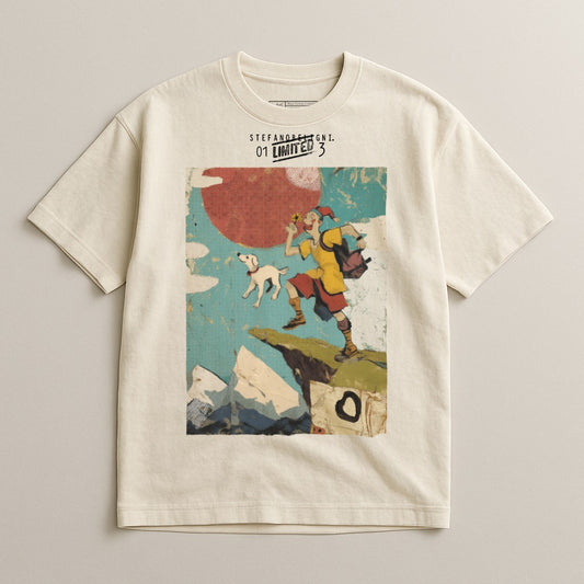 Cream t-shirt with graphic of a person and dog on a cliff.