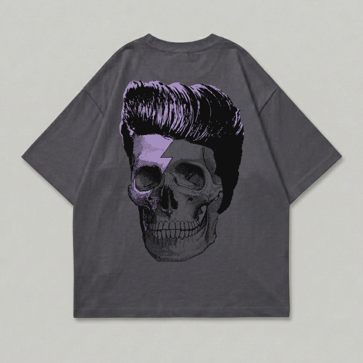 Dark gray t-shirt with a skull graphic featuring a lightning bolt and stylized hair.