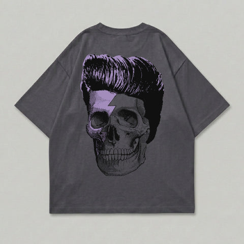 Dark gray t-shirt with a skull graphic featuring a lightning bolt and stylized hair.