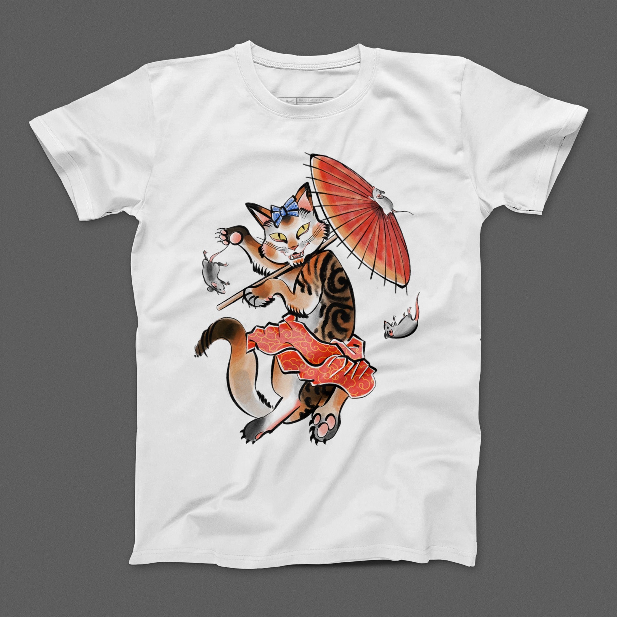 Cat with Umbrella and Mice Graphic T-Shirt
