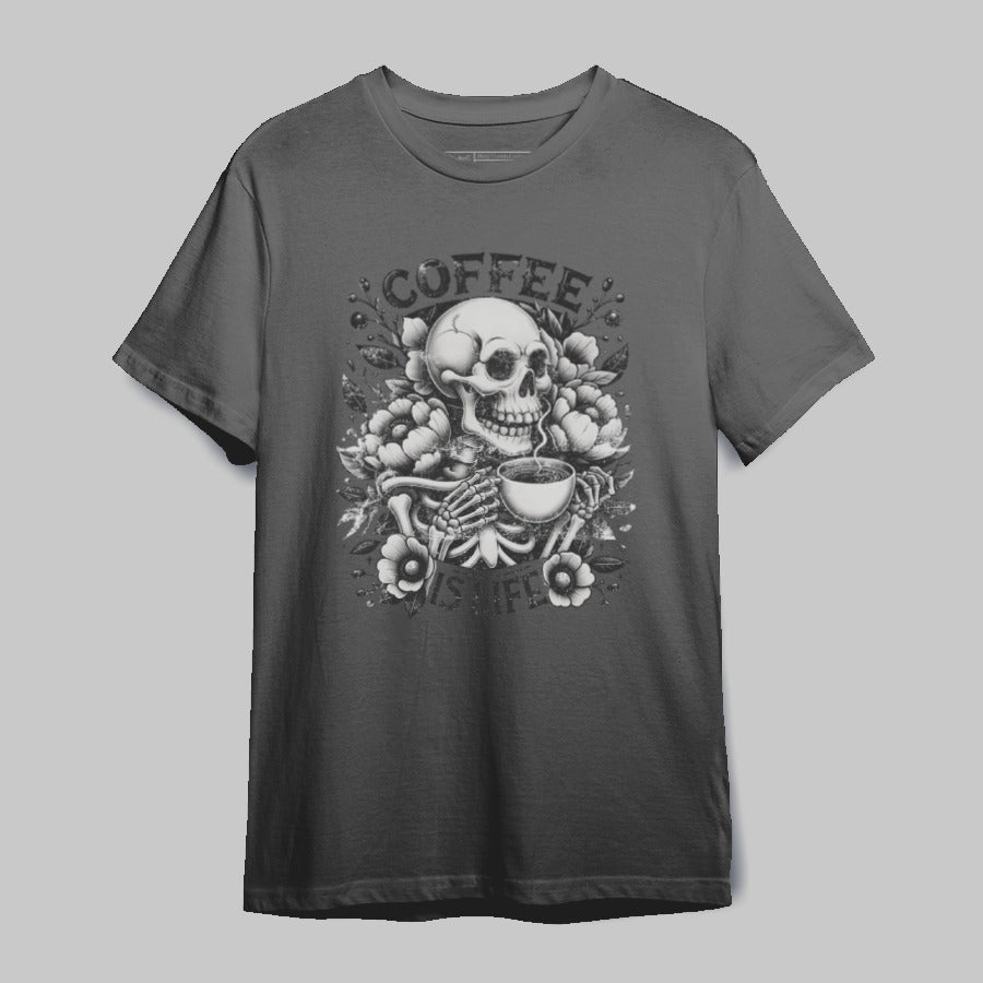 Skull Holding Coffee with Flowers Graphic T-Shirt