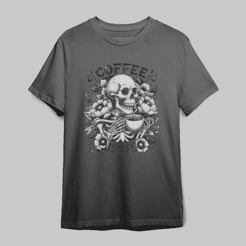 Skull Holding Coffee with Flowers Graphic T-Shirt