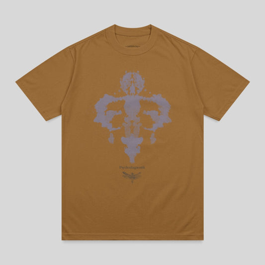 Brown t-shirt with a Rorschach inkblot and dragonfly graphic.