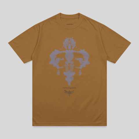 Brown t-shirt with a Rorschach inkblot and dragonfly graphic.