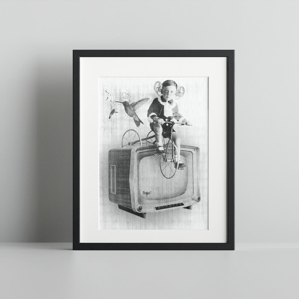 Surreal Art Print Vintage Style Kid on Bicycle