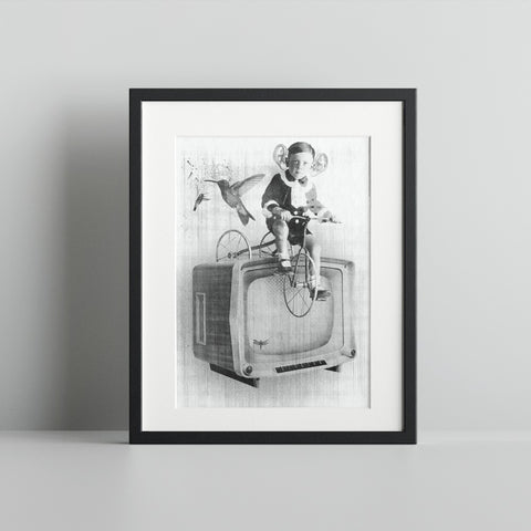 Surreal Art Print Vintage Style Kid on Bicycle