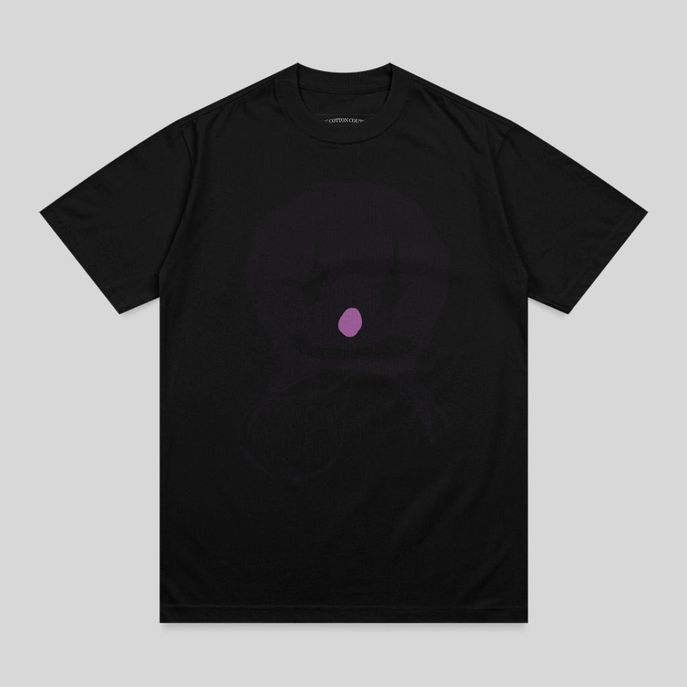 Black t-shirt with a faint purple circular graphic and outline of a head.